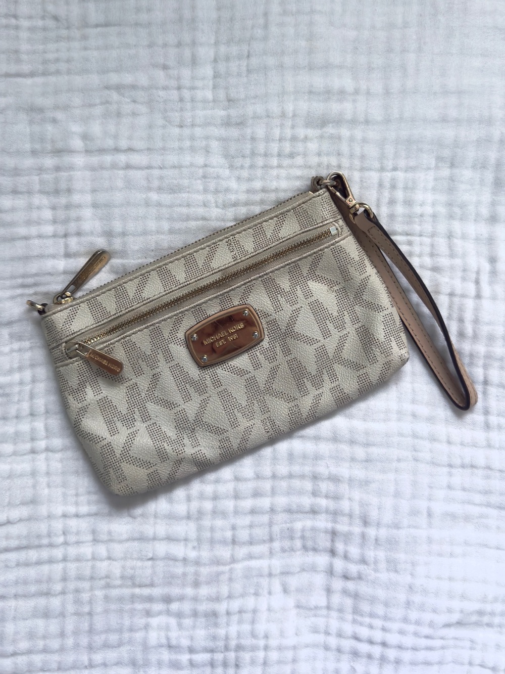 Michael Kors Neutral Beige Logo Wristlet Clutch with Gold Plaque